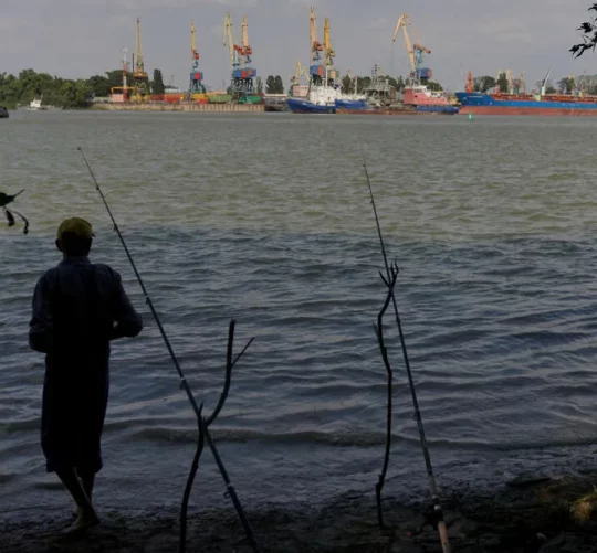 річка Дунай вид на річний порт та рибалка