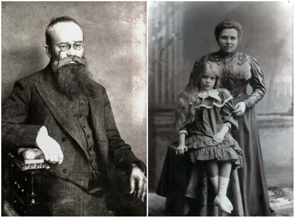 Михайло Грушевський та маленька Катруся Грушевська з мамою Марією Грушевською