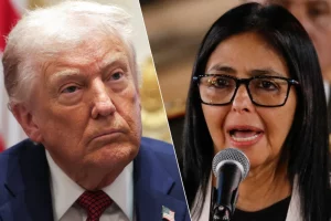 Президент США Дональд Трамп (ліворуч) та тимчасова президентка Венесуели Делсі Родрігес (праворуч)