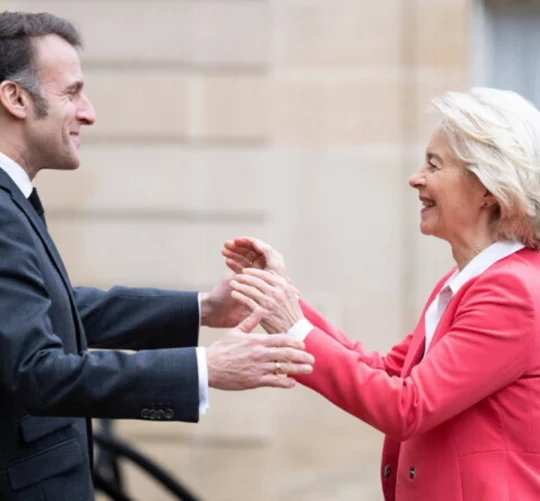 Французький президент Еммануель Макрон вітає на сходах Єлисейського палацу президента Європейської комісії Урсулу фон дер Ляєн.