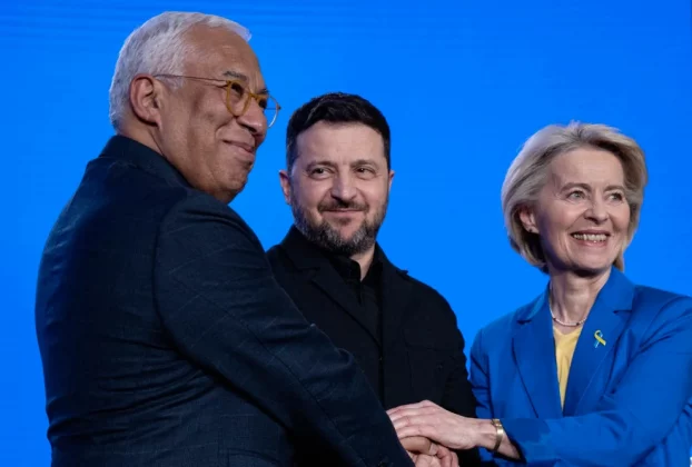 Виступаючи разом із Володимиром Зеленським та Антоніо Костою, Урсула фон дер Ляєн заявила, що «самі по собі дати [без завершення реформ] неможливі»