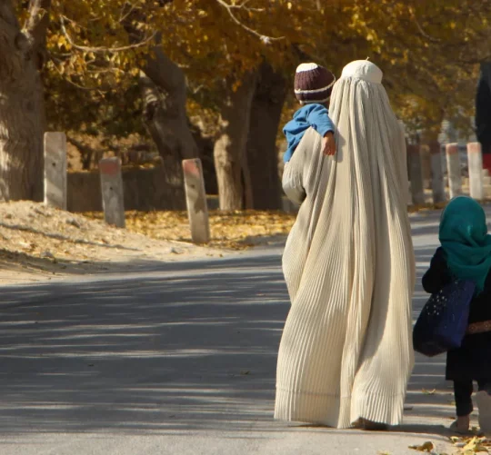 афганська жінка з дітьмами йде по дорозі