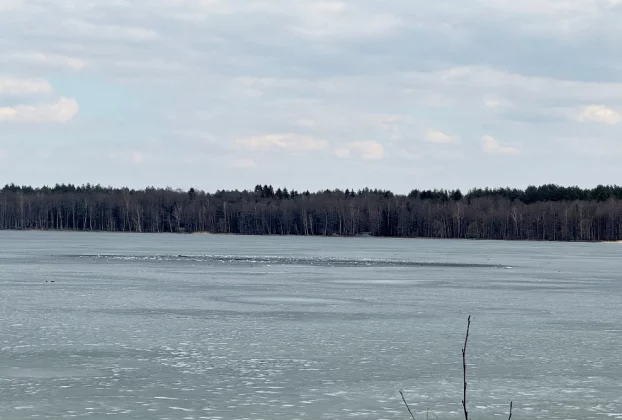 Уражені уламки дрону розкидані по вкритому льодом озеру в Лавішасі (Литва), куди, за даними литовської армії, впав підозрілий безпілотник після вторгнення в повітряний простір країни, 23 березня 2026 року