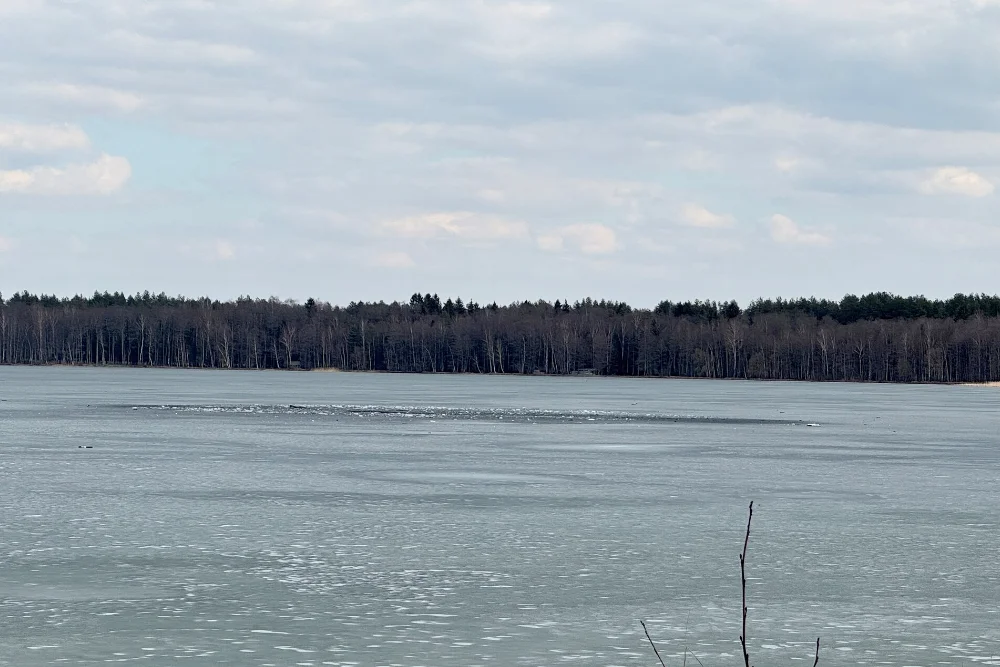 Уражені уламки дрону розкидані по вкритому льодом озеру в Лавішасі (Литва), куди, за даними литовської армії, впав підозрілий безпілотник після вторгнення в повітряний простір країни, 23 березня 2026 року