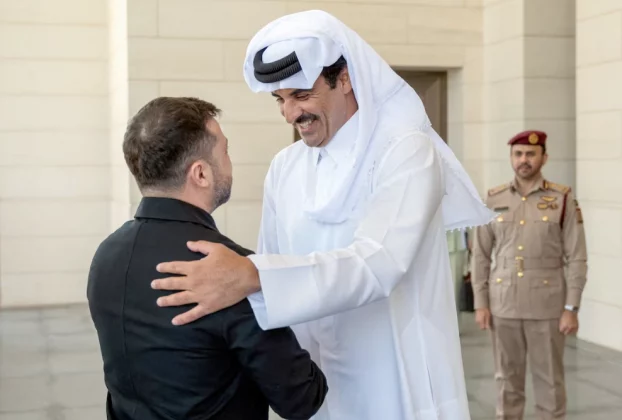 Емір Катару шейх Тамім бін Хамад Аль Тані зустрічається з Президентом України Володимиром Зеленським у Досі, Катар, 28 березня 2026 року