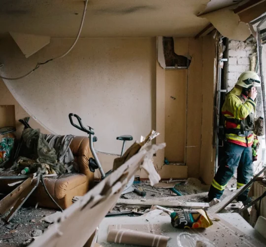 Рятувальники оглядають балкон пошкодженої квартири після удару дрона в Харкові