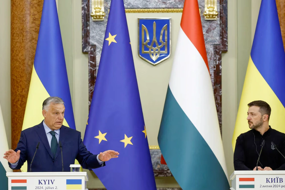 Прем'єр-міністр Угорщини Віктор Орбан та президент України Володимир Зеленський беруть участь у спільній прес-конференції, Київ, Україна, 2 липня 2024 року