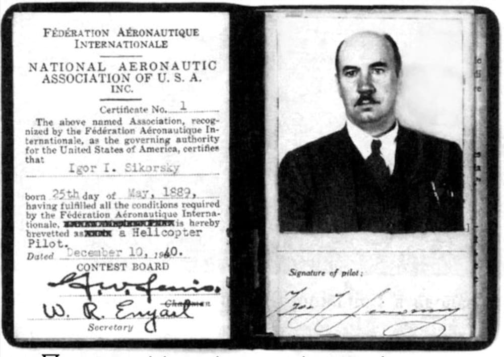 Перше в світі посвідчення пілота гелікоптера Ігоря Сікорського