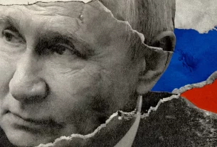 ілюстрація з зображенням Путіна на фоні російського флагу
