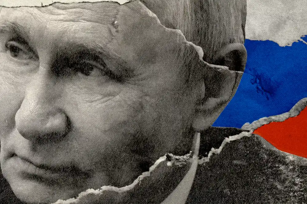 ілюстрація з зображенням Путіна на фоні російського флагу