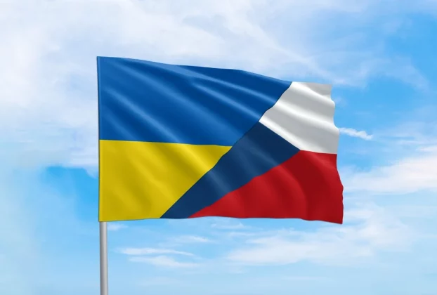 один прапор з двома символами держау України та Чехії