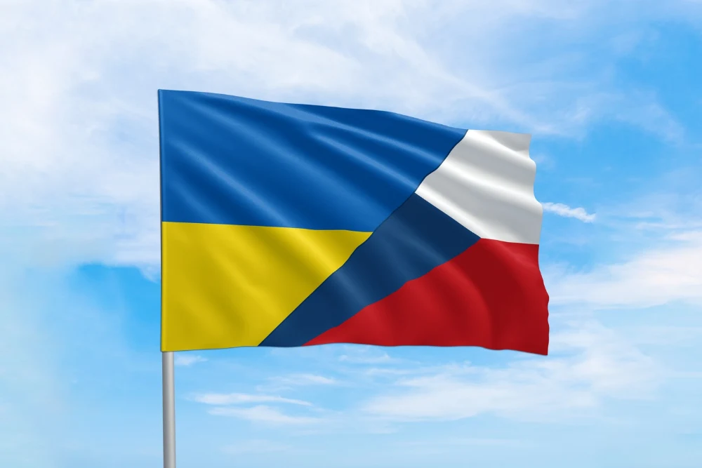 один прапор з двома символами держау України та Чехії