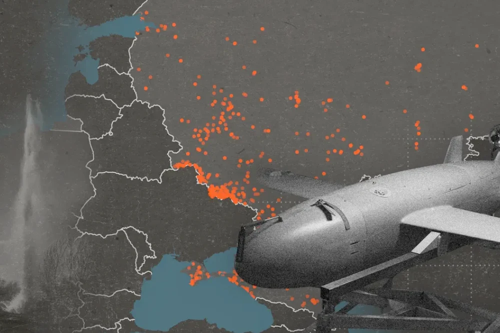 ілюстрація карти на фоні дальнобійної ракети