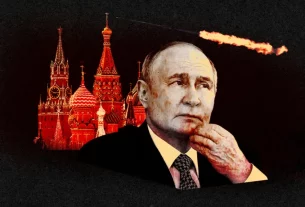 ілюстрація Володимира Путіна на фоні Кремля
