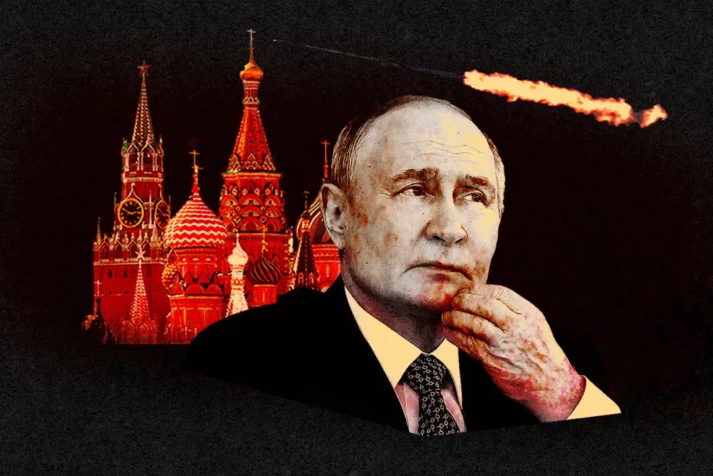 ілюстрація Володимира Путіна на фоні Кремля