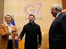 Президент України Володимир Зеленський (посередині) зустрічається з президентом Європейської комісії Урсулою фон дер Ляєн (ліворуч) та президентом Європейської ради Антоніо Костою (праворуч) на саміті G7 в Евіан-ле-Бен, Франція, у вівторок, 16 червня 2026 року
