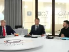 Трамп, Макрон і президент України Володимир Зеленський беруть участь у робочій сесії на саміті G7 в Евіан-ле-Бен 16 червня 2026 року
