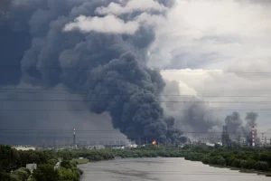 Густі стовпи диму з язиками полум’я піднімаються над нафтопереробним заводом після атаки українського безпілотника в ході російсько-українського конфлікту, Москва, Росія, 18 червня 2026 року