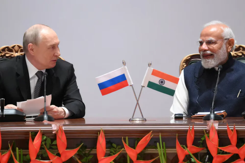 Президент Росії Володимир Путін та прем'єр-міністр Індії Нарендра Моді беруть участь у Індійсько-російському бізнес-форумі в Нью-Делі, Індія, 5 грудня 2025 року
