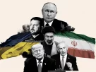 ілюстрація де зображені лідери держав: Америки, Ізраїлю, Ірану, Росії та України