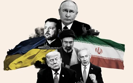 ілюстрація де зображені лідери держав: Америки, Ізраїлю, Ірану, Росії та України