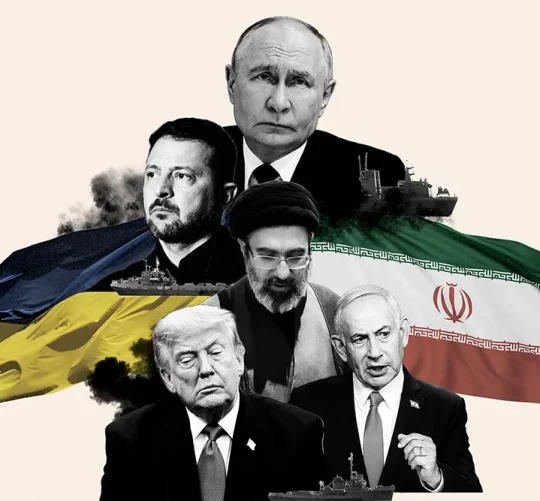 ілюстрація де зображені лідери держав: Америки, Ізраїлю, Ірану, Росії та України
