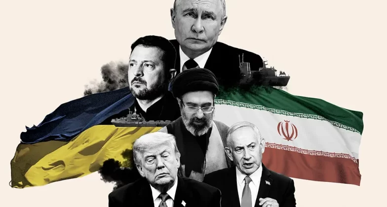 ілюстрація де зображені лідери держав: Америки, Ізраїлю, Ірану, Росії та України