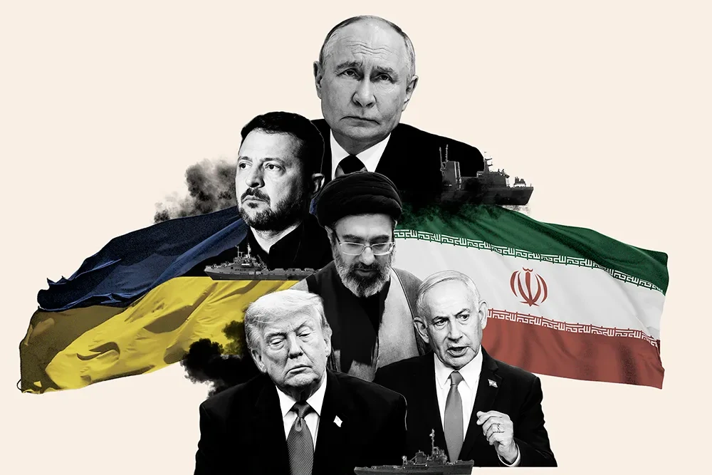 ілюстрація де зображені лідери держав: Америки, Ізраїлю, Ірану, Росії та України