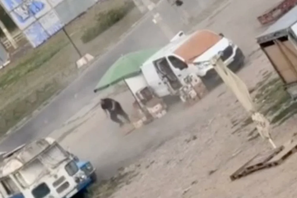 Скріншот з відео де російські безбілотники полюють на людину на базарі