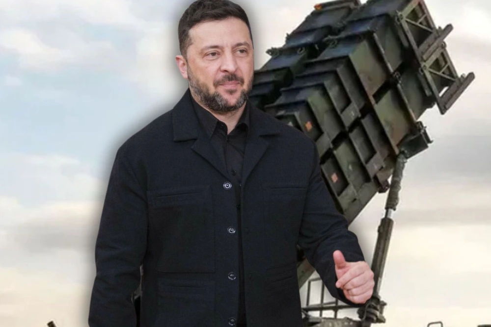 ілюстрація де Володимир Зеленський на фоні ППО Патріот