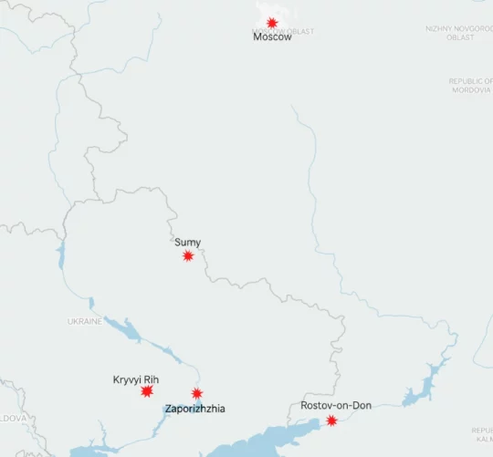 на карті показано взаємні атаки Росії та України