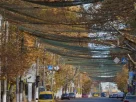 Місцеві жителі йдуть вулицею, вкритою сіткою проти дронів FPV, у прифронтовому місті Херсон на півдні України, 3 листопада 2025 року