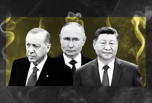 ілюстрація зображує трьох автократичних лідерів Ердоган, Путін, Сі