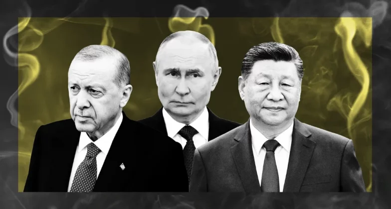 ілюстрація зображує трьох автократичних лідерів Ердоган, Путін, Сі