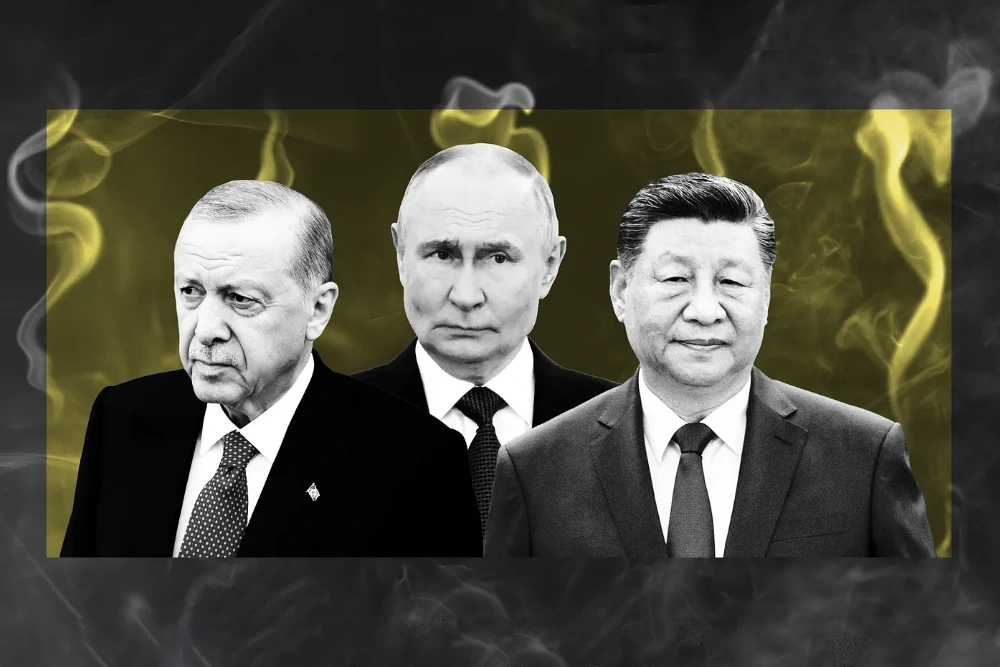 ілюстрація зображує трьох автократичних лідерів Ердоган, Путін, Сі