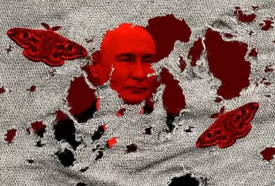 ілюстрація Путіна з метеликами які з'їдають тканину