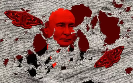 ілюстрація Путіна з метеликами які з'їдають тканину