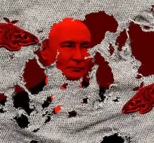 ілюстрація Путіна з метеликами які з'їдають тканину