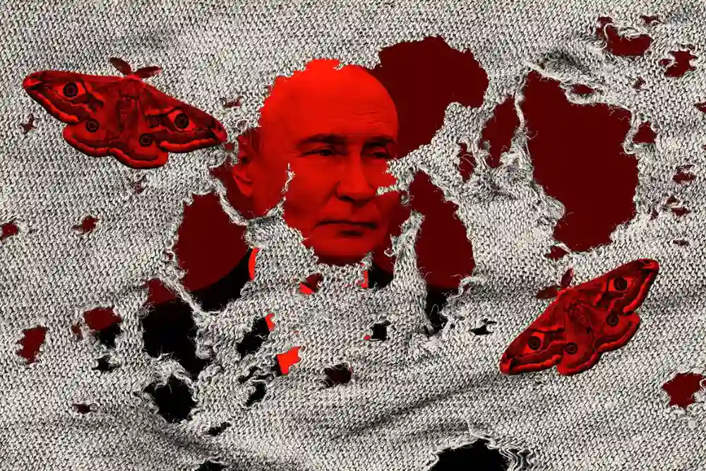 ілюстрація Путіна з метеликами які з'їдають тканину