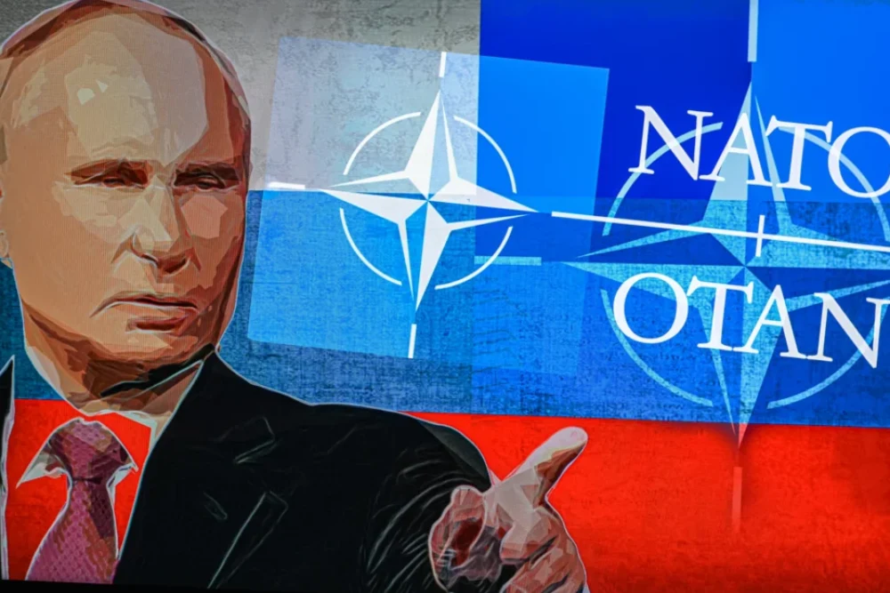 ілюстрація Путіна на фоні прапору НАТО