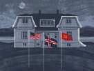 ілюстрація з трьома прапорами Америки, Британії та СРСР на фоні будинку