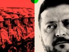 ілюстрація де показано марш північно-корейських військових та погляд Володимира Зеленського