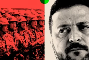 ілюстрація де показано марш північно-корейських військових та погляд Володимира Зеленського