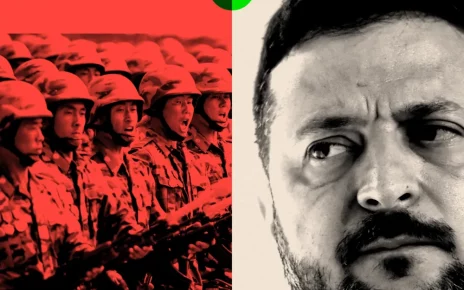 ілюстрація де показано марш північно-корейських військових та погляд Володимира Зеленського
