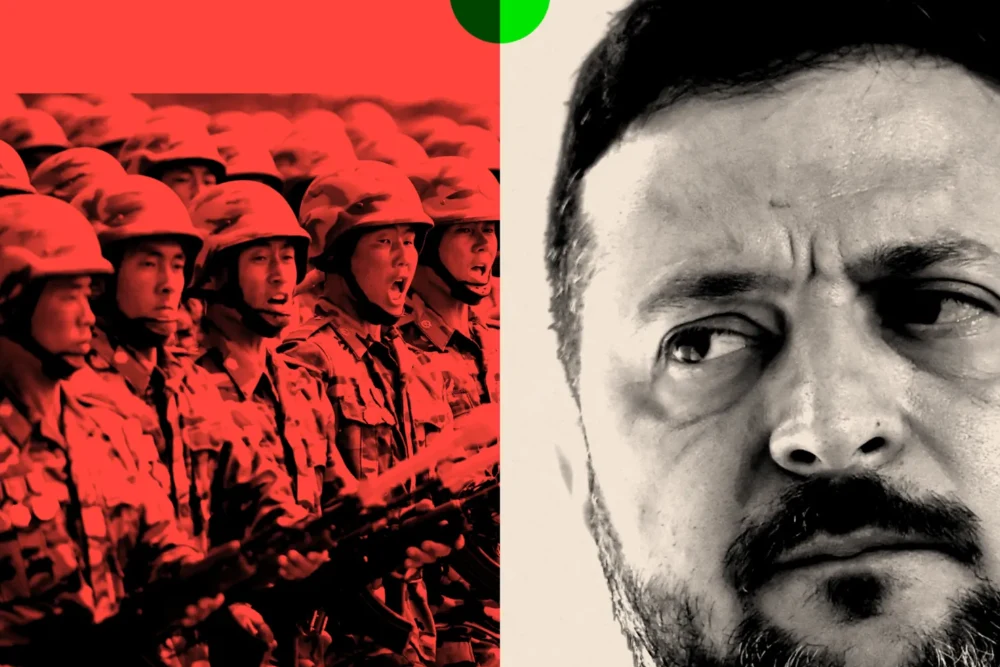 ілюстрація де показано марш північно-корейських військових та погляд Володимира Зеленського