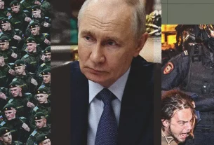 Володимир Путін ілюстрація з фото військових та затримання демонстрантів