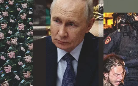 Володимир Путін ілюстрація з фото військових та затримання демонстрантів