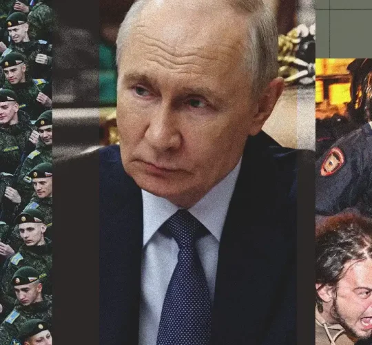 Володимир Путін ілюстрація з фото військових та затримання демонстрантів