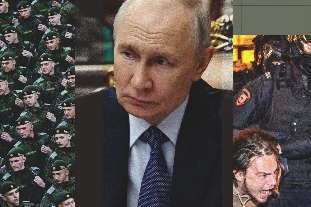 Володимир Путін ілюстрація з фото військових та затримання демонстрантів