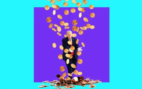 ілюстрація Дональда Трампа та розсипаних золотих монет